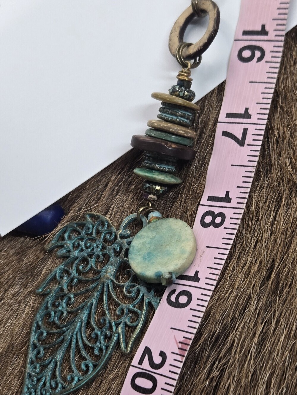Large Leaf Necklace Shades Of Green Glass & Wood Beads Long Artisan Made - Picture 6 of 7